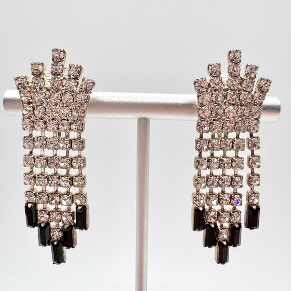 Vintage Art Deco Style Rhinestone Fringe Chandelier Clip On Earrings Regency - Picture 1 of 12